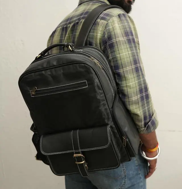 Alt view image 4 of 5 - WerKens Genuine Leather 15.6" Laptop Bag Backpack Rucksack Shoulder Travel Daypack (Black)