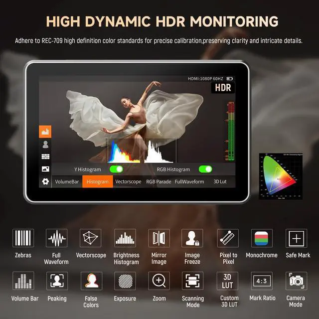 Alt view image 3 of 5 - VILTROX DC-X2 2000 Nits Video Field Monitor with Rig Cage, 6 inch Touchscreen 4K HDMI in/Out On Camera Monitor with Sunshade Hood Battery, 1920X1080 HD Focus Peaking 3D Lut Full Waveform RGB Parada