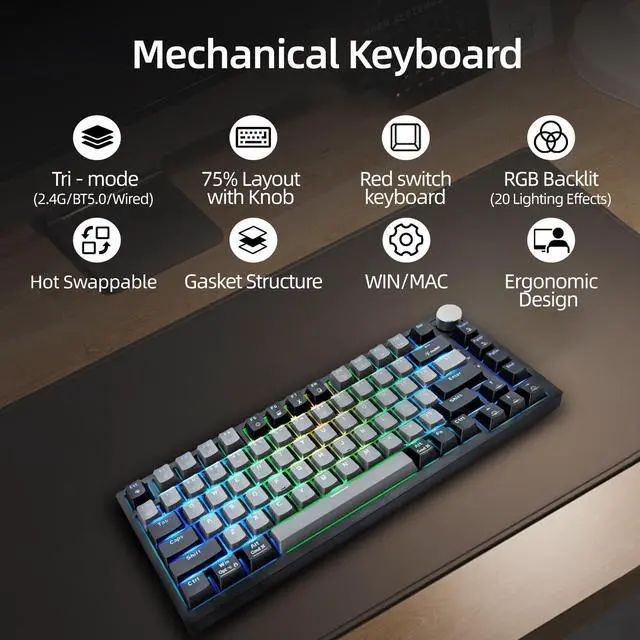 Alt view image 2 of 5 - WJX Wireless Mechanical Keyboard 75% Percent Gaming Keyboard with Volume Knob, RGB Backlit Computer Clicky Keyboards, Hot Swappable Mechanical, USB C/2.4GHz/BT5.0 Gasket Red Switch PBT Keycaps(Grey)
