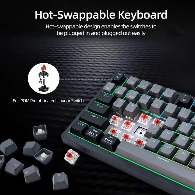 Alt view image 4 of 5 - WJX Wireless Mechanical Keyboard 75% Percent Gaming Keyboard with Volume Knob, RGB Backlit Computer Clicky Keyboards, Hot Swappable Mechanical, USB C/2.4GHz/BT5.0 Gasket Red Switch PBT Keycaps(Grey)