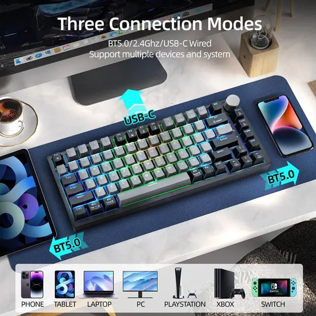 Alt view image 5 of 5 - WJX Wireless Mechanical Keyboard 75% Percent Gaming Keyboard with Volume Knob, RGB Backlit Computer Clicky Keyboards, Hot Swappable Mechanical, USB C/2.4GHz/BT5.0 Gasket Red Switch PBT Keycaps(Grey)