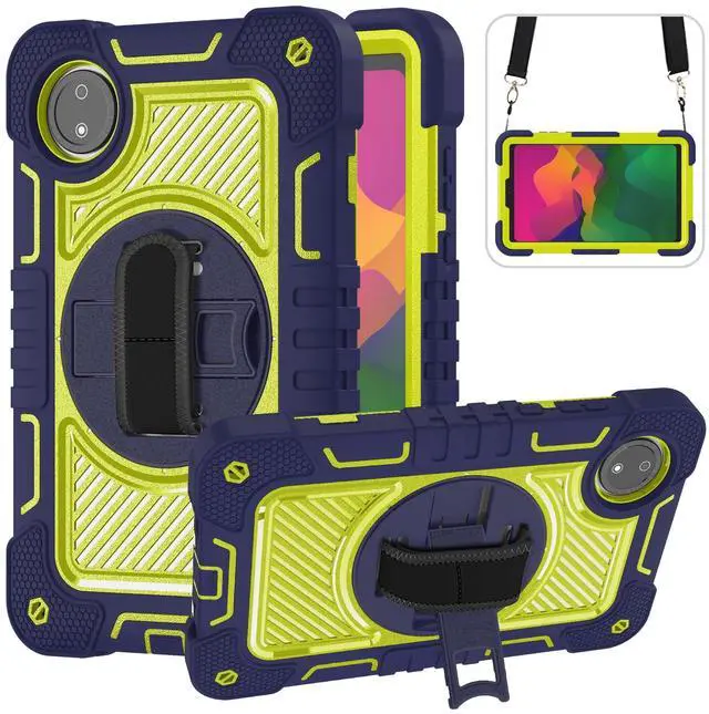 Main image of YOUULAR Tablet Case for Xiaomi Redmi Pad SE 8.7/Redmi Pad SE 4G in India, Tablet Shockproof Cover with 360deg Rotating Stand and Wrist Strap, Shoulder Strap Navy Blue+Yellow Green