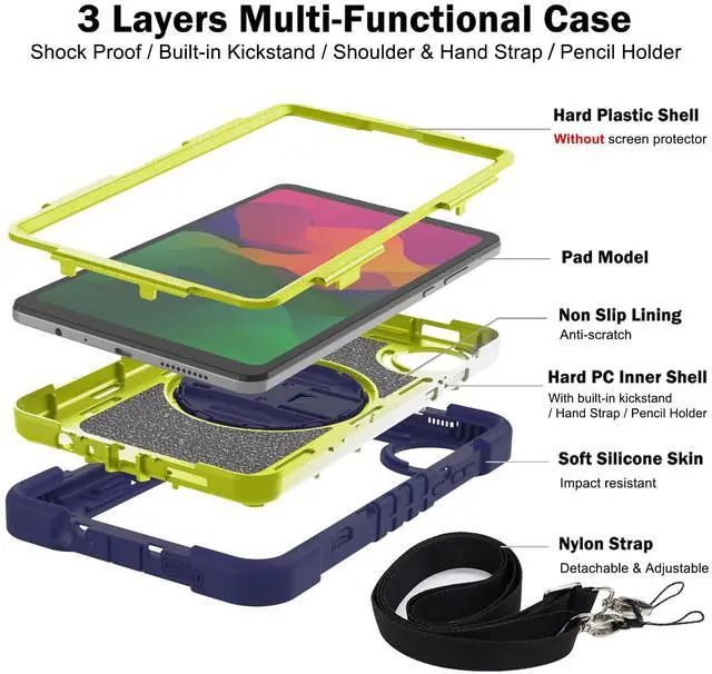Alt view image 2 of 5 - YOUULAR Tablet Case for Xiaomi Redmi Pad SE 8.7/Redmi Pad SE 4G in India, Tablet Shockproof Cover with 360deg Rotating Stand and Wrist Strap, Shoulder Strap Navy Blue+Yellow Green