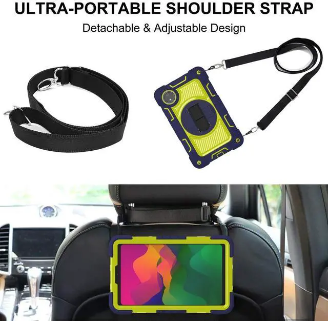 Alt view image 3 of 5 - YOUULAR Tablet Case for Xiaomi Redmi Pad SE 8.7/Redmi Pad SE 4G in India, Tablet Shockproof Cover with 360deg Rotating Stand and Wrist Strap, Shoulder Strap Navy Blue+Yellow Green