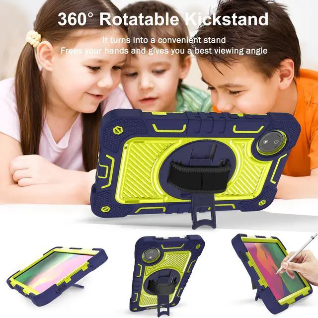 Alt view image 5 of 5 - YOUULAR Tablet Case for Xiaomi Redmi Pad SE 8.7/Redmi Pad SE 4G in India, Tablet Shockproof Cover with 360deg Rotating Stand and Wrist Strap, Shoulder Strap Navy Blue+Yellow Green