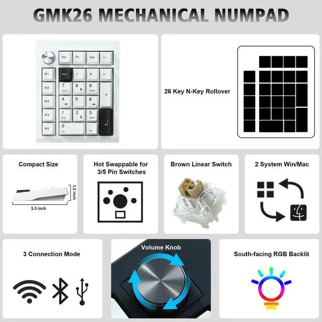 Alt view image 2 of 5 - ZMX GMK26 Mechanical Numpad,VIA/QMK Programmable Hot Swappable Gasket Wired BT5.0/2.4G Wireless Number Pad with Knob PBT Keycaps 26 Keys Macro RGB Gaming Numeric Keypad for Laptop TKL Keyboard (White)