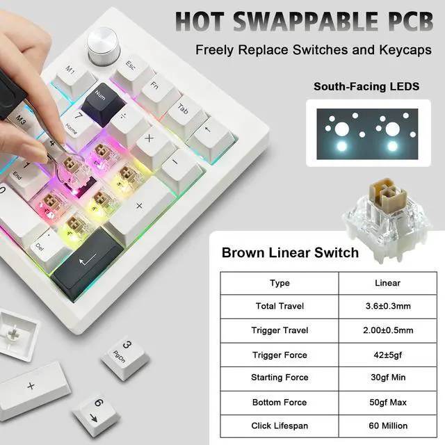 Alt view image 3 of 5 - ZMX GMK26 Mechanical Numpad,VIA/QMK Programmable Hot Swappable Gasket Wired BT5.0/2.4G Wireless Number Pad with Knob PBT Keycaps 26 Keys Macro RGB Gaming Numeric Keypad for Laptop TKL Keyboard (White)