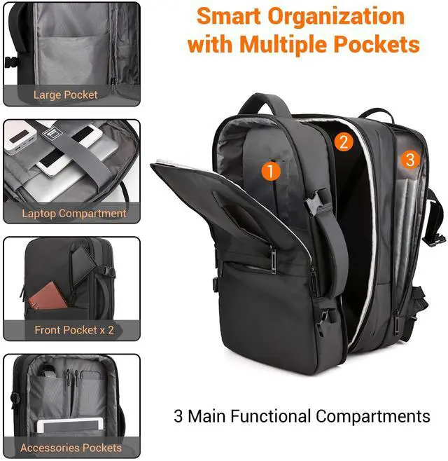 Alt view image 5 of 5 - Zingtto Air Vacuum Backpack for Travel with Air Pump, 60L Expandable Backpack with Detachable Vacuum Compression Bag Waterproof Carry On Large Travel Bag for Airline Laptop Backpack