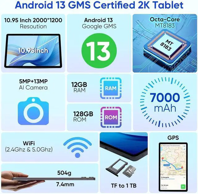 Alt view image 3 of 5 - weelikeit 10.95 inch Tablet 2K Android 13 Tablets with Case, 6GB+128GB+6GB Expand, MTK8183 Octa-Core 2000 * 1200 IPS Display, 5MP+13MP Camera, 7000mAh Battery,Quad Speakers,5G WiFi,BT5.0, GPS