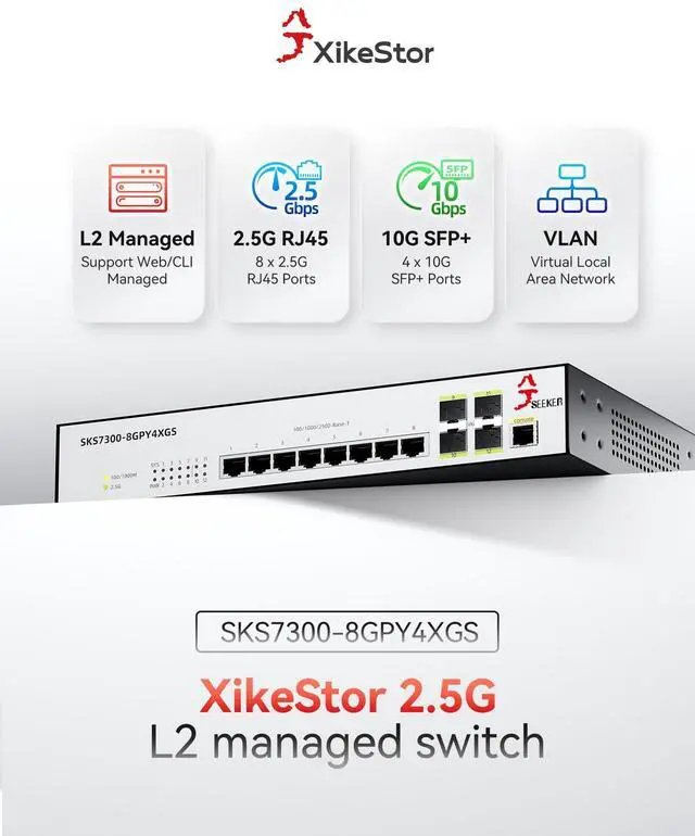 Alt view image 2 of 5 - XikeStor 12-Port 2.5G L2 Managed Ethernet Switch, 2.5Gb Network Switch, 8X 2.5G RJ45 Ports & 4X 10G SFP+ Ports, VLAN/QoS/ACL/IGMP/STP/SNMP/LACP Support, Web Managed/CLI, Metal Casing, 19-in Rack-Mount