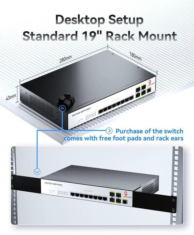 Alt view image 5 of 5 - XikeStor 12-Port 2.5G L2 Managed Ethernet Switch, 2.5Gb Network Switch, 8X 2.5G RJ45 Ports & 4X 10G SFP+ Ports, VLAN/QoS/ACL/IGMP/STP/SNMP/LACP Support, Web Managed/CLI, Metal Casing, 19-in Rack-Mount