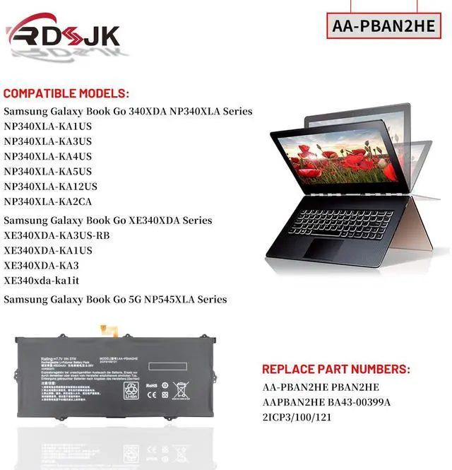 Alt view image 3 of 5 - AA-PBAN2HE Laptop Battery for Samsung Galaxy Book Go 340XDA NP340XLA NP340XLA-KA1US NP340XLA-KA2CA XE340XDA XE340XDA-KA3US-RB XE340XDA-KA1US XE340XDA-KA3 XE340xda-ka1it 5G NP545XLA Series 7.7V 37Wh