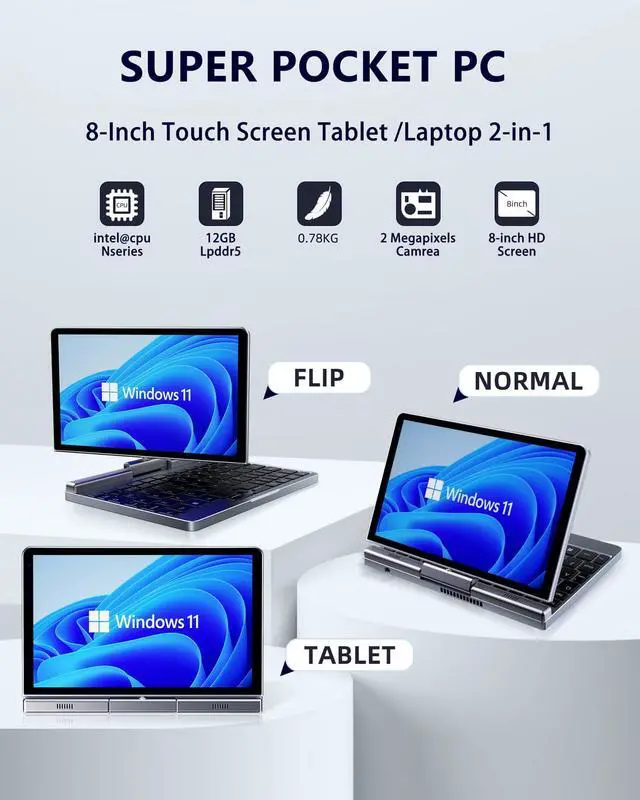Alt view image 2 of 5 - KOOFORWAY 8 Inch Utral Pocket Pc Touchscreen Small Laptop,Windows 11 Pro Mini Computer for Business Students Outdoor, N150 12GB LPDDR5 512GB SSD Complimentary Stylus