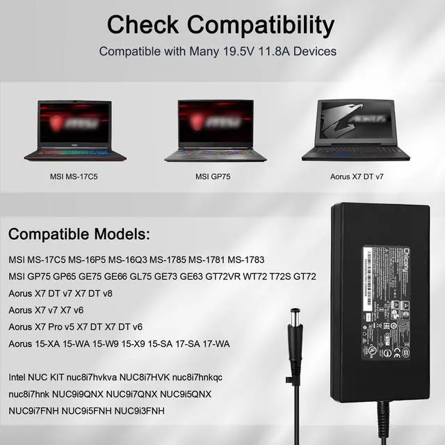 Alt view image 3 of 5 - 230W Charger Power Supply Compatible with Msi GE75 GL75 GP75 GP65 GE73 GE63 GT72 WT72 MS-17C5 MS-16P5 MS-16Q3 Comatible with Intel nuc kit NUC9i9 NUC8i7 pa-1231-12 FSP230-AJAN3