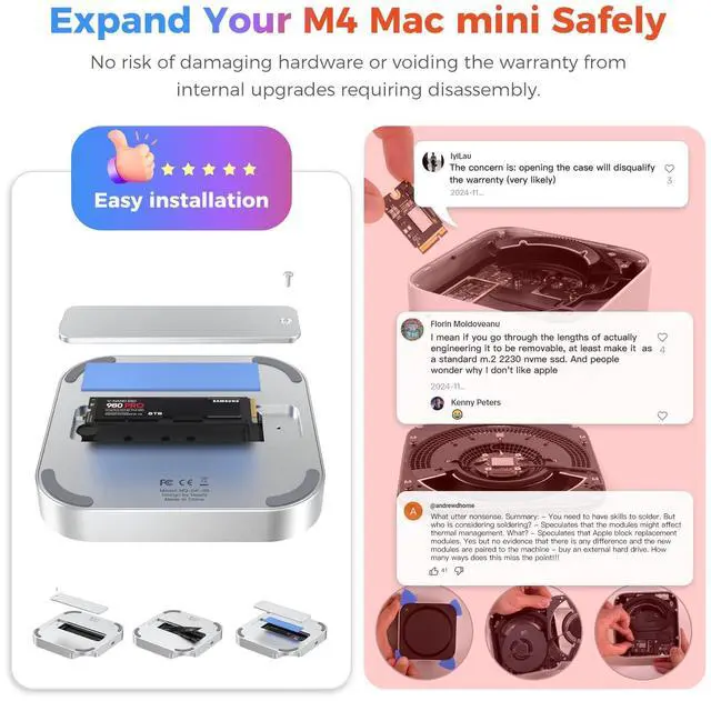 Alt view image 2 of 5 - 40Gbps M.2 NVMe SSD Enclosure for Mac mini M4/M4 Pro, External Storage Upgrade | Supports 1TB/2TB/4TB/8TB SSDs | Compatible with Thunderbolt 4/3, USB4/3.2/3.0 | Fits 2230/2242/2260/2280 SSDs