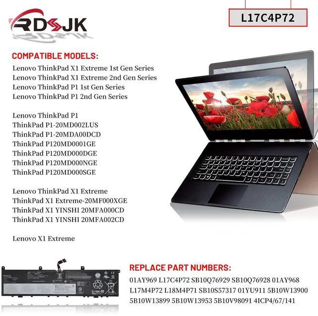Alt view image 3 of 5 - L17C4P72 L17L4P72 L17M4P72 L18M4P71 Laptop Battery for Lenovo ThinkPad P1 X1 Extreme X1E YINSHI 2018 2019 1st Gen/2nd Gen Series 01YU911 01AY968 01AY969 SB10S57317 SB10Q76928 SB10Q76929 15.36V 80Wh
