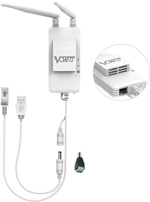 Main image of VONETS 5GHz Industrial Mini WiFi Router Bridge Repeater, WiFi to Ethernet Adapter, Wireless Bridge Converts RJ45 Connection to Wireless, 2 External Antennas, DC/USB, VAP11S-5G with Smart Cooling Fan