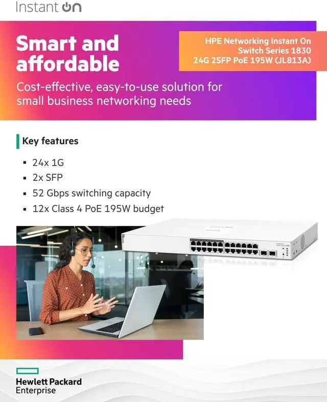 Alt view image 3 of 5 - HPE Networking Instant On Switch Series 1830 24-Port Gb Smart-Managed Layer 2 Ethernet Switch with PoE | 24x 1G | 2X SFP | 12x CL4 PoE (195W) | Fan-Less | US Cord (JL813A#ABA)