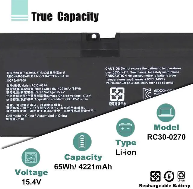 Alt view image 2 of 5 - RC30-0270 Laptop Battery Replacement for Razer Blade 15 Base 2018 2019 GTX 1660 Ti Base RZ09-0270 RZ090270 RZ09-0300 RZ09-03006 RZ09-03009 Series Notebook (15.4V 65Wh 4221mAh)