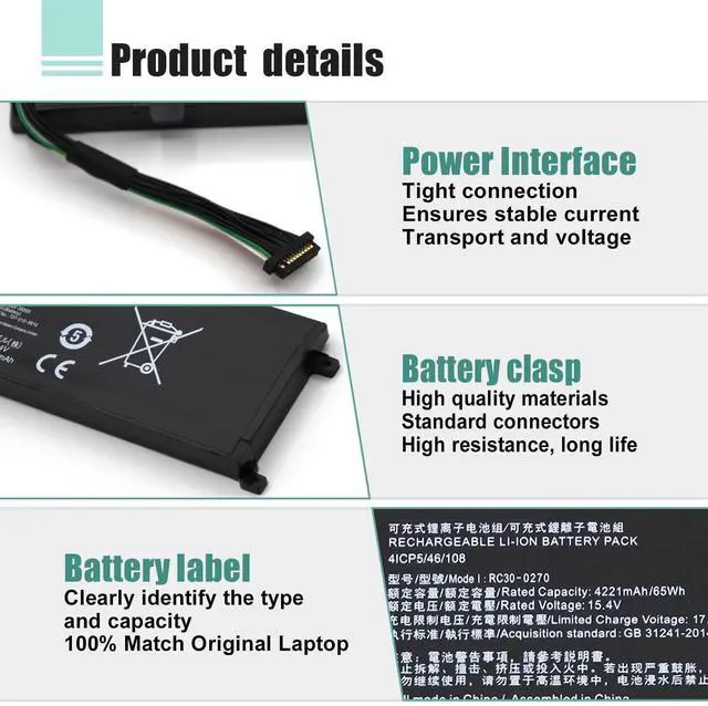Alt view image 3 of 5 - RC30-0270 Laptop Battery Replacement for Razer Blade 15 Base 2018 2019 GTX 1660 Ti Base RZ09-0270 RZ090270 RZ09-0300 RZ09-03006 RZ09-03009 Series Notebook (15.4V 65Wh 4221mAh)