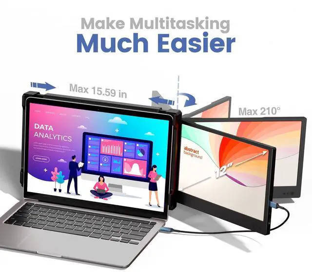 Alt view image 2 of 5 - Teamgee Laptop Screen Extender, 12" Portable Monitor for Laptop FHD 1080P Glare-Free IPS Dual Screen, Works with Mac Windows Android Chrome Linux, Fits 13"~16.5" Laptops, Built-in Speakers & HDR