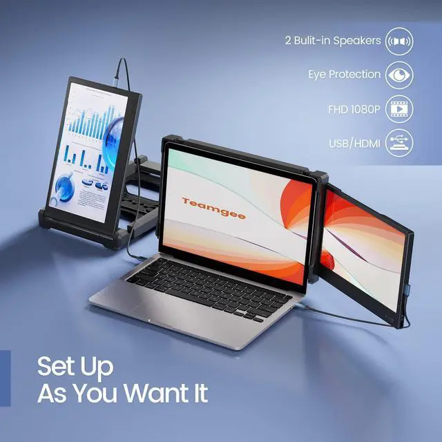 Alt view image 5 of 5 - Teamgee Laptop Screen Extender, 12" Portable Monitor for Laptop FHD 1080P Glare-Free IPS Dual Screen, Works with Mac Windows Android Chrome Linux, Fits 13"~16.5" Laptops, Built-in Speakers & HDR