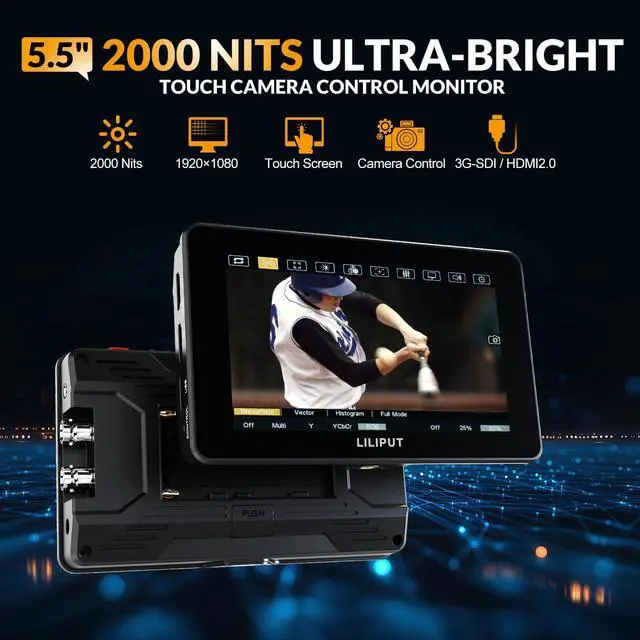Alt view image 2 of 5 - Camera Monitor, 2000nits Ultra-Bright 5.5 Inch Touch Control Screen with HDMI 2.0 3G-SDI Input Output LANC 3D-LUT Waveform Histogram, HT5S