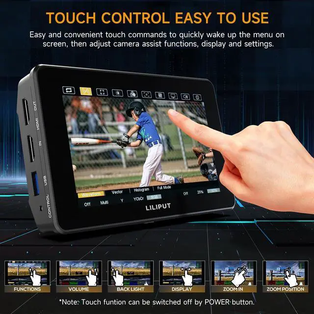 Alt view image 3 of 5 - Camera Monitor, 2000nits Ultra-Bright 5.5 Inch Touch Control Screen with HDMI 2.0 3G-SDI Input Output LANC 3D-LUT Waveform Histogram, HT5S