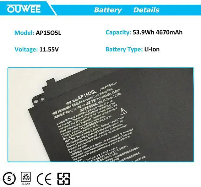 Alt view image 2 of 5 - OUWEE AP15O5L Laptop Battery Compatible with Acer Spin 5 SP513-52N-54SF Predator Triton 700 PT715-51 Swift 1 SF114-32 Swift 5 SF515-51T Chromebook R13 CB5-312T-K0YK Series AP1505K 11.55V 53.9Wh
