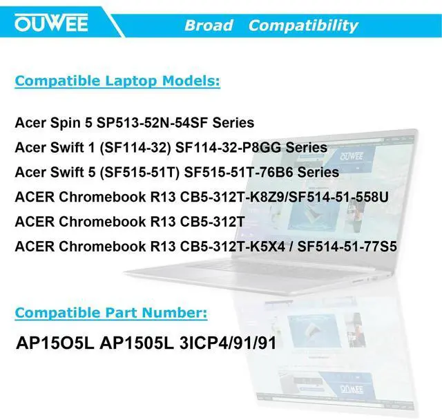 Alt view image 5 of 5 - OUWEE AP15O5L Laptop Battery Compatible with Acer Spin 5 SP513-52N-54SF Predator Triton 700 PT715-51 Swift 1 SF114-32 Swift 5 SF515-51T Chromebook R13 CB5-312T-K0YK Series AP1505K 11.55V 53.9Wh