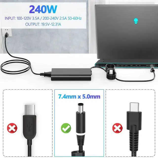 Alt view image 2 of 5 - GaN 240W 19.5V 12.31A Slim AC Charger Fit for Dell Alienware M15 R7 X16 X17 R2 X15 R2 M17 R5 Precision 7670 7680 7770 7780 LA240PM200 HA240PM200 DA240PM200 Laptop Supply Power Adapter Cord