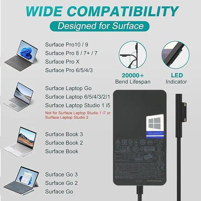 Alt view image 2 of 5 - 65W Surface Pro Charger Compatible for Microsoft Surface Pro11 10 9 8 7+ 7 6 5 4 X Compatible 1769 1867 1868 1872 1873 1943 1951 2036 Laptop7 6 5 4 3 2 1 Supply Book3 2 1 AC Adapter Power Supply Cord
