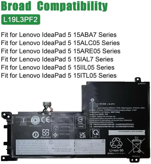 Alt view image 5 of 5 - JIAZIJIA L19L3PF2 Laptop Battery Replacement for Lenovo IdeaPad 5 15ABA7 15ALC05 15ARE05 15IAL7 15IIL05 15ITL05 Series SB10W86961 5B10W86945 L19C3PF5 SB10W86938 5B10W86947 L19M3PF6 11.55V 57Wh