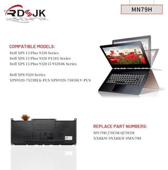 Alt view image 3 of 5 - RDSJ MN79H Laptop Battery for Dell XPS 13 Plus 9320 P151G i5 93204K XPS 9320 XPS9320 XPS9320-7523BLK-PUS XPS9320-7585SLV-PUS Series J7H5M 0J7H5M NXRKW 0NXRKW 0MN79H 11.55V 55Wh