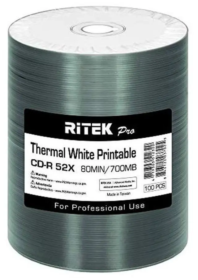 Main image of 100 Pack Ritek Pro (Professional Grade) CD-R 52X 700MB White Thermal Hub Printable Blank Media Recordable Disc