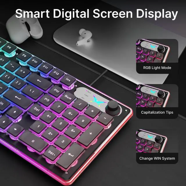 Alt view image 3 of 5 - SEUNKWANG EWEADN F98 Wired Keyboard with Smart Display & Knob,98 Keys Aesthetic Computer Keyboards,Metal Panel,Cute Wired Cream Membrane Keyboard for Windows/PC -Black