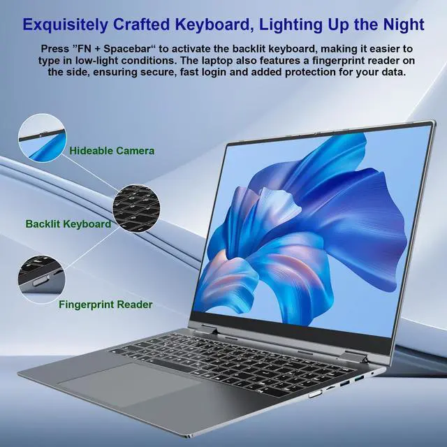 Alt view image 5 of 5 - jumper 2 in 1 Laptop, 16 inch Convertible Laptop Computer with IPS FHD 360 Degree Touchscreen, 128GB Storage, 4GB RAM, Fingerprint Reader, Backlit Keyboard, Celeron N5095, 53.2WH, WiFi 6