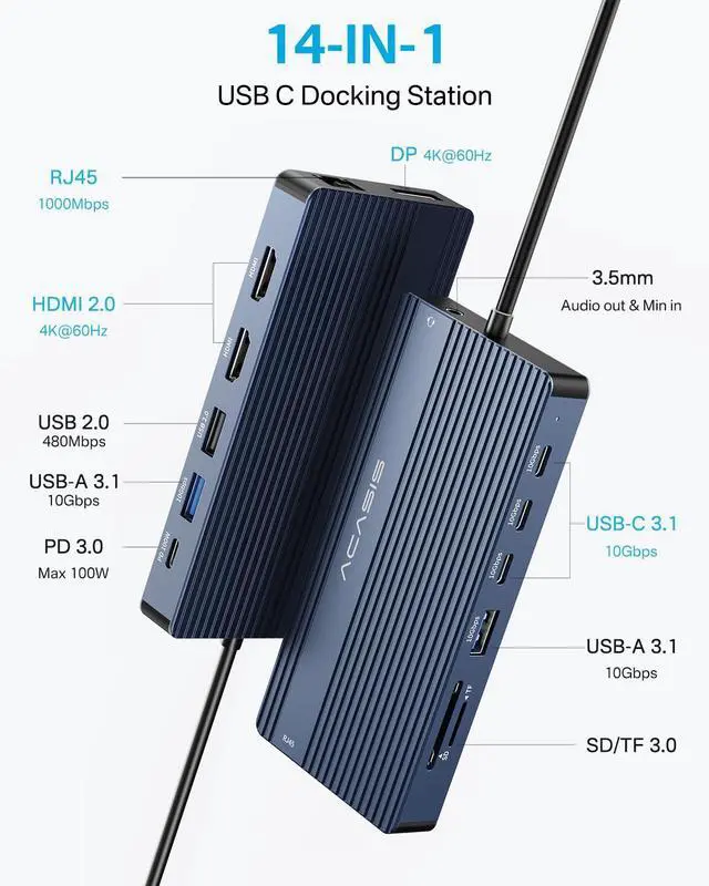 Alt view image 3 of 5 - ACASIS 40Gbps M.2 NVMe SSD Enclosure,USB C Docking Station Dual HDMI Monitor