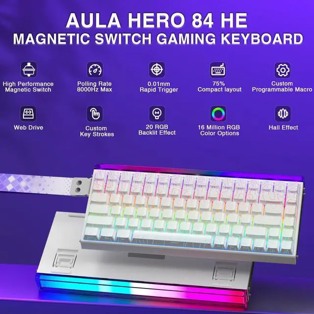 Alt view image 2 of 5 - Aula Hero 84 HE - 75% Mechanical Gaming Keyboard, Hall Effect Magnetic Switches Keyboard, 8000Hz Polling Rate, RGB Neon Light Box, Hot-Swappable Side-Printed PBT Keycaps, Gamer Keyboards for PC/Mac