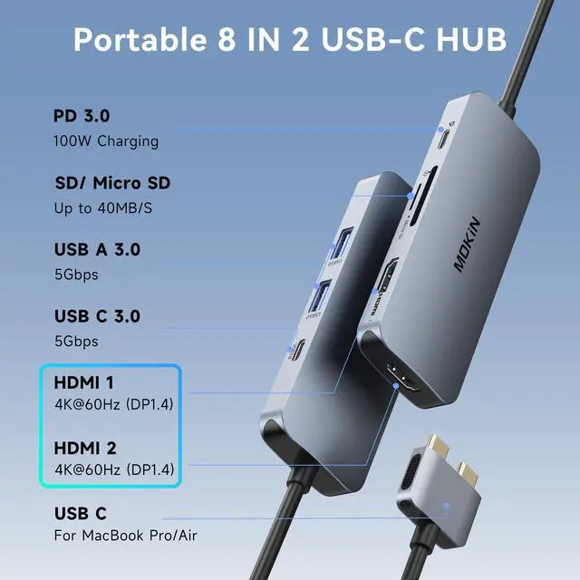 Alt view image 3 of 5 - Docking Station for MacBook Pro Air,USB C Docking Station Dual Monitor,Dual HDMI Adapter Hub for Mac MacBook Pro with 2 HDMI(4K @60Hz), 3 USB3.0,SD TF Card Reader and 100W PD USB C Port
