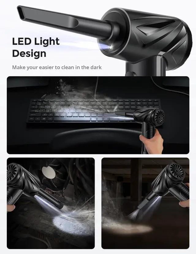 Alt view image 3 of 5 - INLAND 2 in 1 Compressed Air Duster, 3-Gear to 71000RPM Electric Air Duster and Vaccum with LED Light, 6000mAh Type-C Mini Blower & Pump for Electric Devices Cleaning, Car Vaccum Cleaner