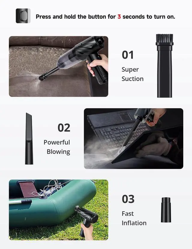Alt view image 4 of 5 - INLAND 2 in 1 Compressed Air Duster, 3-Gear to 71000RPM Electric Air Duster and Vaccum with LED Light, 6000mAh Type-C Mini Blower & Pump for Electric Devices Cleaning, Car Vaccum Cleaner