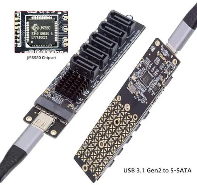 Alt view image 3 of 5 - xiwai 10Gbps USB Drive USB-C Type-C to NGFF Key B+M SATA 6Gbps 5 Ports Adapter Converter PM Port Multiplier Selector JMB575 JMS580