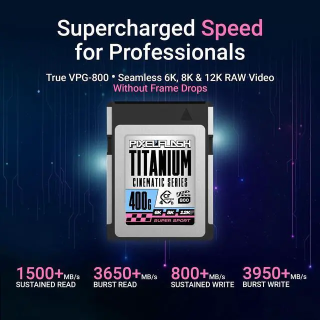 Alt view image 2 of 5 - PixelFlash 400 GB CFexpress Type B 4.0 Titanium, 3950/3650 MB/s VPG800, CF Express Memory Card for Photographers & Videographers, Lab Tested, 12K Video 400GB Cinematic Series 2025 Model