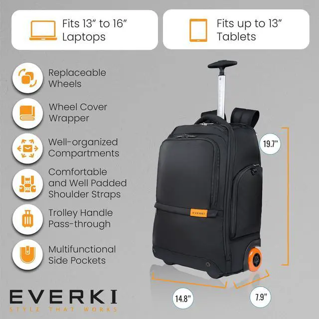 Alt view image 5 of 5 - EVERKI 123 Wheeled Laptop Backpack - For 15.6" Laptop & 16" MacBook, Rolling Back Pack for Men & Women, Carry On Travel Backpack with Replaceable Wheels, Rolling Work Bag for Business Professional