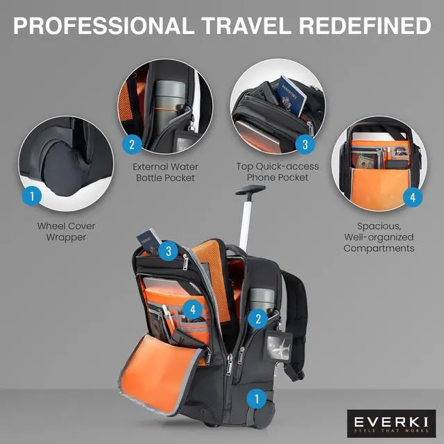Alt view image 3 of 5 - EVERKI 123 Wheeled Laptop Backpack - For 15.6" Laptop & 16" MacBook, Rolling Back Pack for Men & Women, Carry On Travel Backpack with Replaceable Wheels, Rolling Work Bag for Business Professional