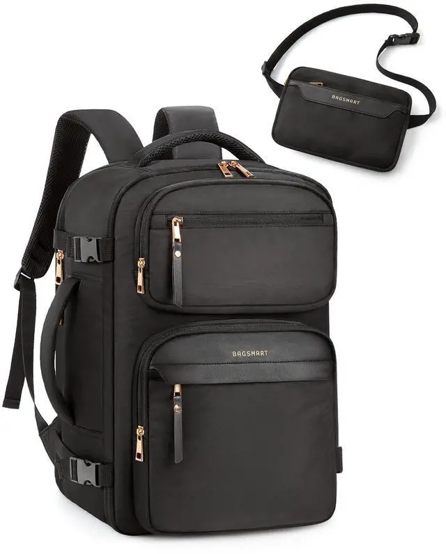 Main image of BAGSMART Womens Backpack Carry On Flight Approved, Travel Backpack for Women with Waist Bag, Traveling Lightweight Weekender Casual Daypack 17.3" Laptop Work Back pack Personal Item Travel Bag, Black