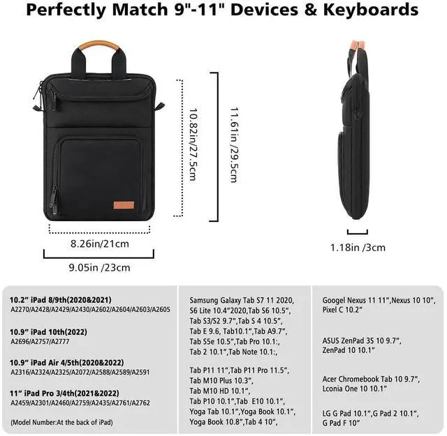 Alt view image 2 of 5 - MoKo 9-11 Inch Tablet Sleeve Bag Carrying Case Fits New iPad Air/iPad Pro 11 inch 2024, iPad Air 5 10.9, iPad 10th 10.9, iPad 9/8th 10.2, Tab S8/S9 11, with Shoulder Strap, Handle and Pockets, Black