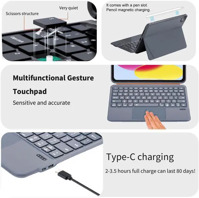Alt view image 5 of 5 - QUARK for iPad 11th/10th Generation Case with Keyboard, 7-Color Backlight, Detachable Keyboard for iPad Air 11-inch M3/M2 & iPad Pro 11 (1st/2nd/3rd/4th) & iPad Air 5/4 with Trackpad (Grey)
