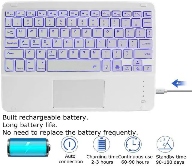 Alt view image 5 of 5 - Sunffice Bluetooth Keyboard with Touchpad,Ultra Silm 7 Colors Backlit Wireless Keyboard Rechargeable Portable Keypad with Trackpad for iPad iOS Android Windows Tablets PC Smartphone Universal(White)
